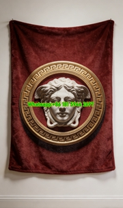 Versace Burgundy Red Gold White Medusa Greek Key Sculpture Print Flannel Sofa Throw Blanket IMG_1415